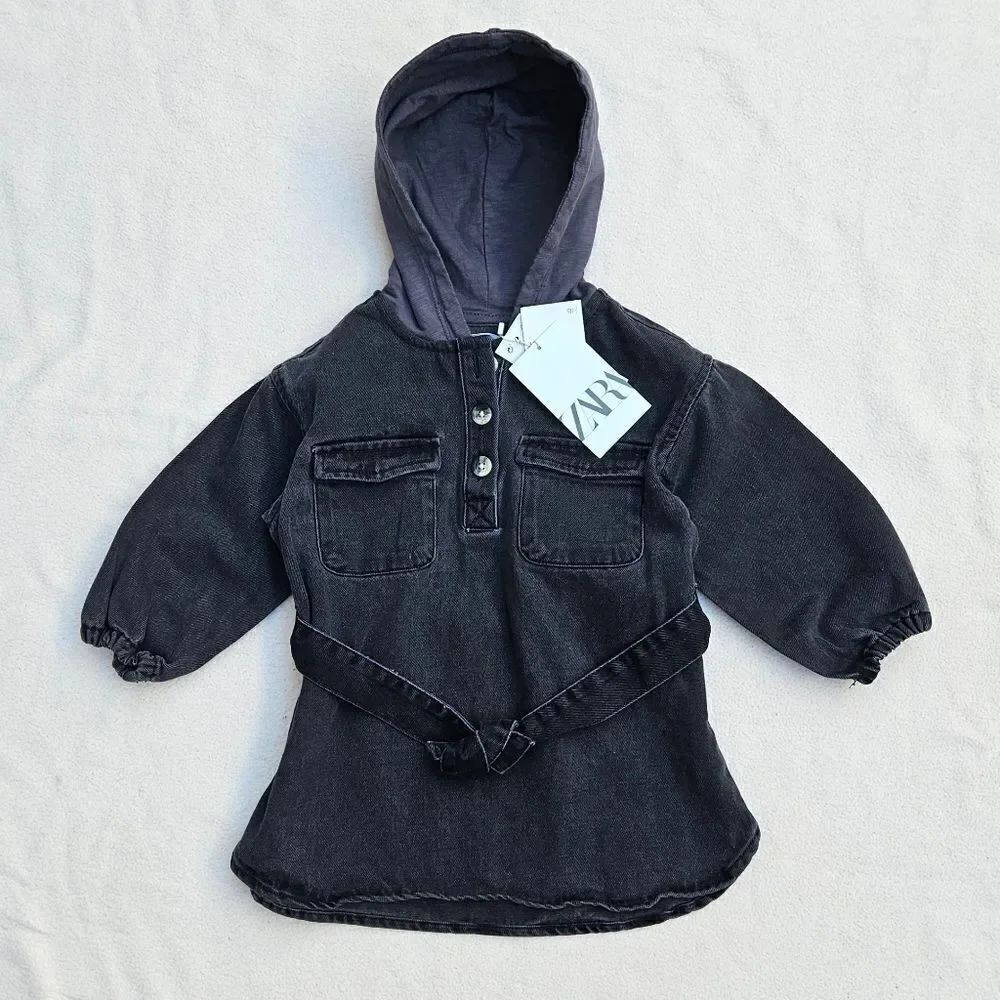 Zara Hooded Denim Overshirt with Long Sleeves Size 12-18 Months